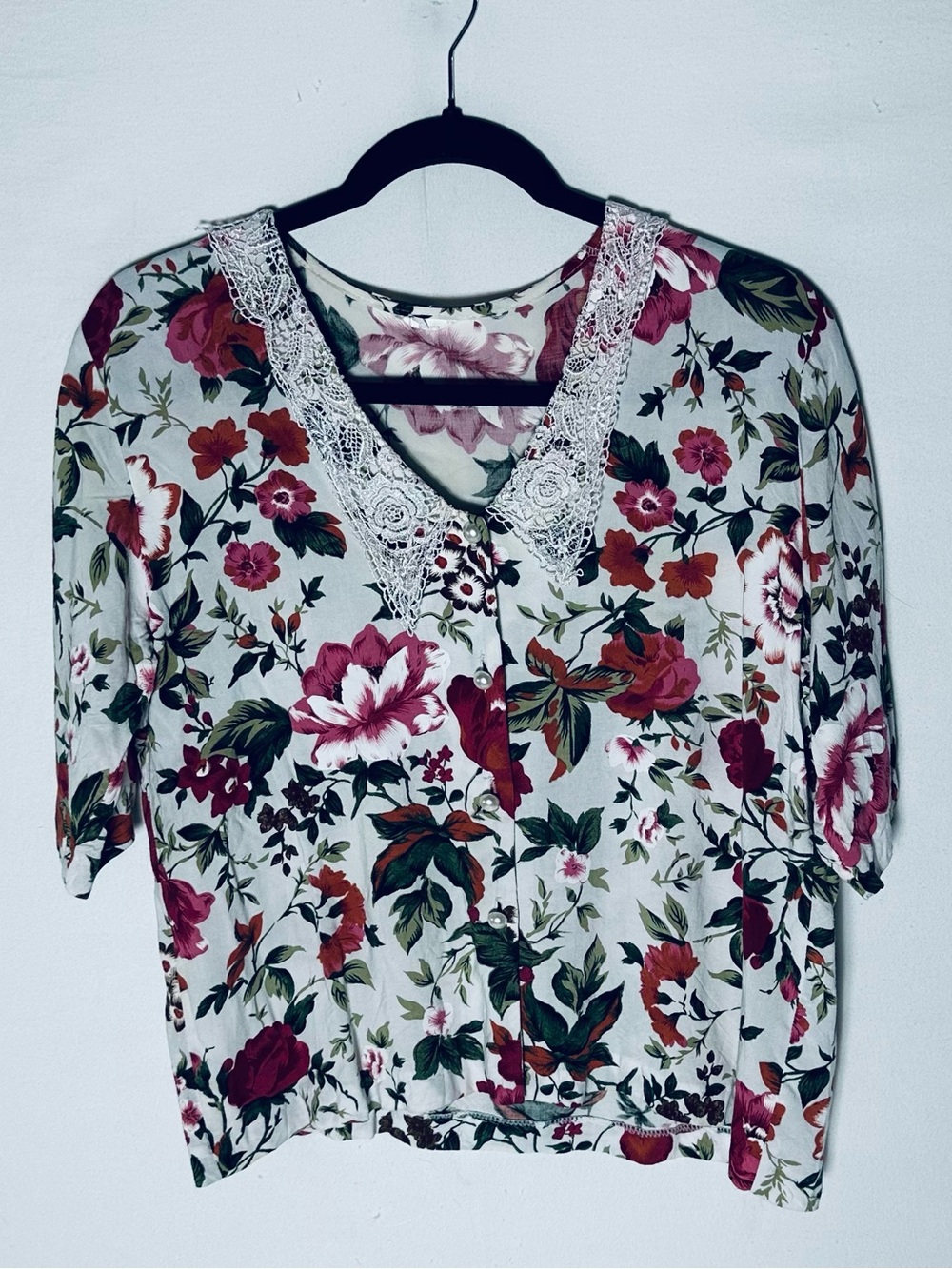 Vintage Floral Short Sleeve Button Up Blouse Lace Collar M Cottagecore Coquette